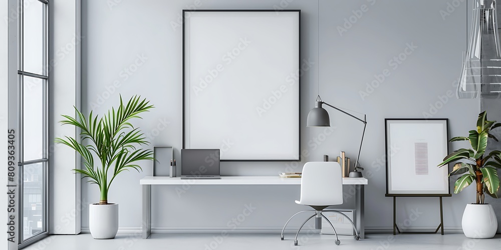 Poster white frame mockup in a serene, well-lit office space. Keep the design minimal and clean with a tidy table