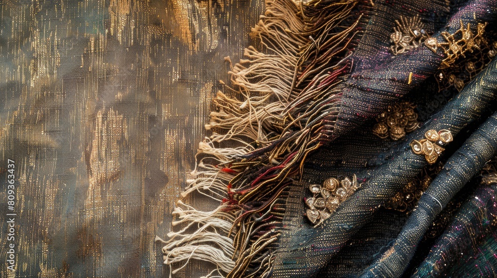 Poster close-up of textured scarf with fringes and decorative elements on rustic background