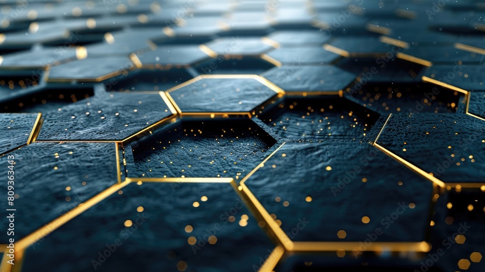 Poster blue hexagonal pattern with golden particles on 3d surface