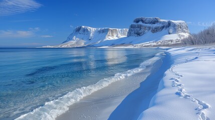 A tranquil winter scene showcasing a pristine, snow-covered beach with icy waves gently lapping against the shore under a bright blue sky