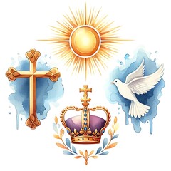 Holy Trinity symbols. Cross, crown and dove of Holy Spirit. Watercolor christian symbols against white background. Vector illustration.
