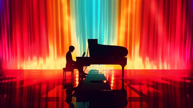 A pianist silhouette with colorful aura, spiritual music. Anime or digital painting style, looping 4k video animation background