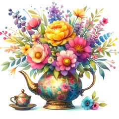 Colorful bright watercolor flower bouquet in vintage teapot. Beautiful floral clip art design element for invitation, greeting card, stickers