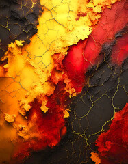 Abstract texture with striking colors black, yellow, and various shades of red. The surface is characterized by a dynamic pattern of cracked textures.