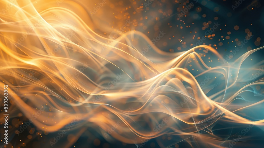 Poster abstract image of flowing wavy lines with sparking particles on blue and orange background