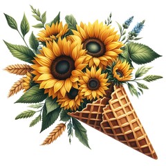 Beautiful watercolor illustration of summer sunflower bouquet in a waffle cone. Artistic clipart design element isolated