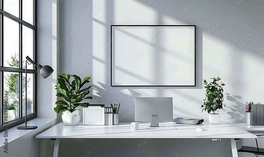Poster mockup frame in a bright, minimalist office backdrop. Emphasize clean lines and simplicity for a modern look