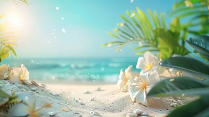 Tropical beach scene with white flowers and bright sunlight