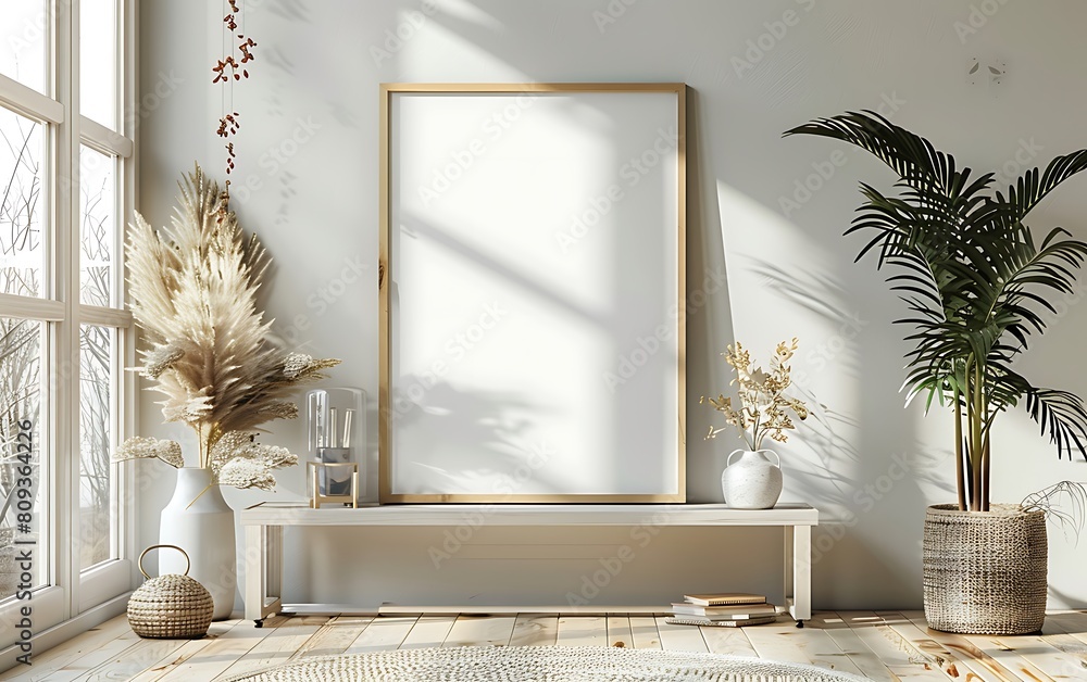 Poster white frame mockup against a cozy, clutter-free office interior. opt for a simple and neat design wi
