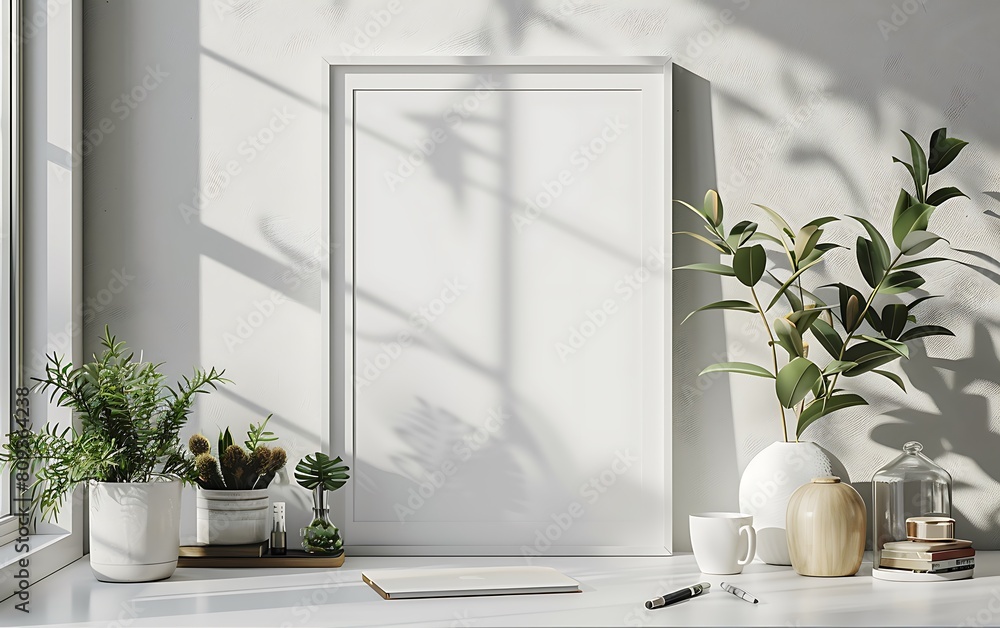 Poster white frame mockup against a cozy, clutter-free office interior. opt for a simple and neat design wi