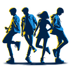 Silhouettes of teens dancing street dance. Illustration in blue and yellow flat colors.