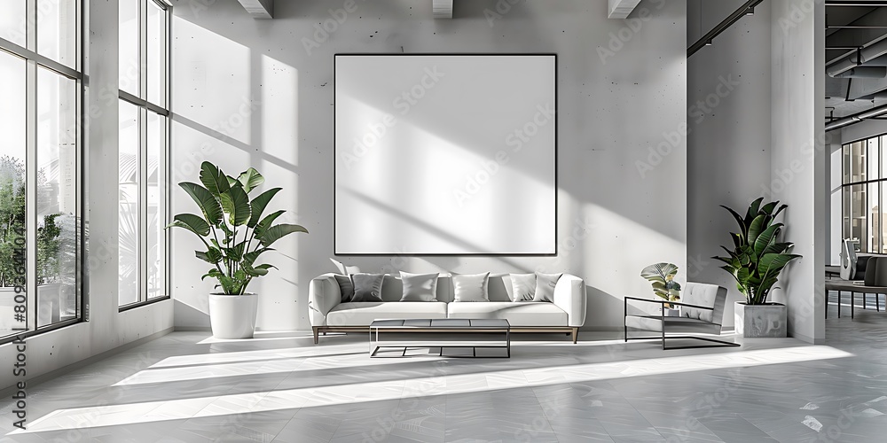 Poster mockup frame in a clean, serene office space. Prioritize simplicity and minimalism in the composition