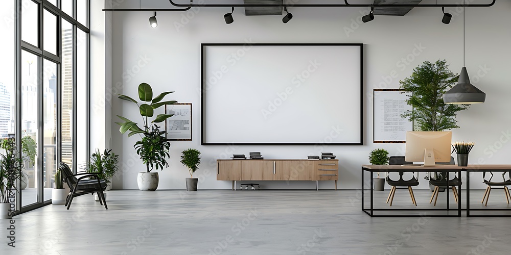 Poster mockup frame in a clean, serene office space. Prioritize simplicity and minimalism in the composition