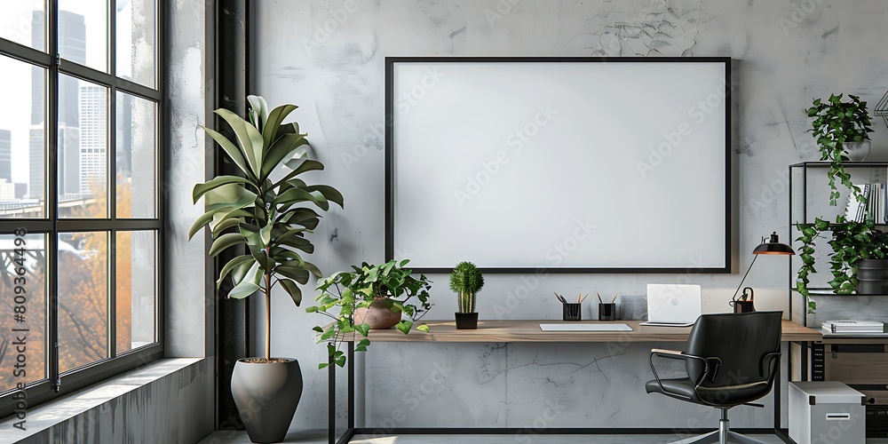 Poster mockup frame in a clean, serene office space. Prioritize simplicity and minimalism in the composition