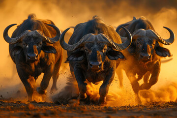 African buffaloes in powerful motion, muscles rippling as they flee through the savanna at sunset under a blazing dust ground background

