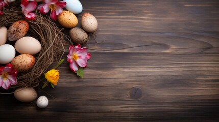 Easter eggs and spring flowers on wooden background with copy space.