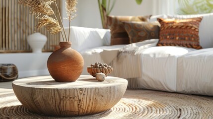 Boho interior design of modern living room, home. Wooden round coffee table with clay vase on it near white sofa with brown pillows. realistic - Powered by Adobe