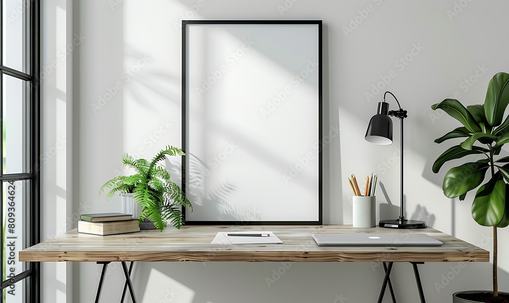 Poster mockup frame in a minimalist, clutter-free office setting. Emphasize neatness and simplicity in the design