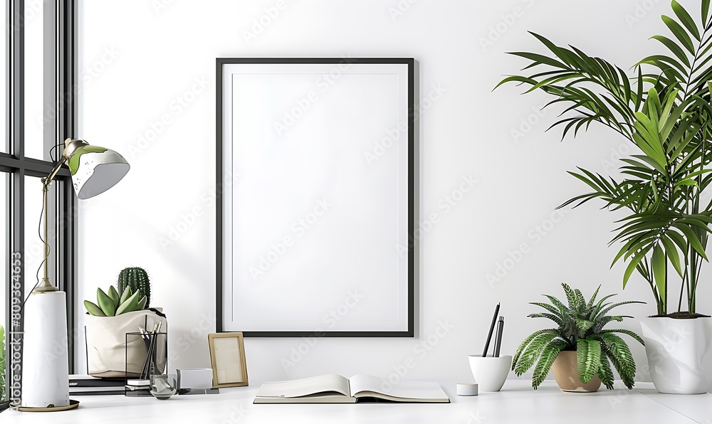 Poster mockup frame in a minimalist, clutter-free office setting. Emphasize neatness and simplicity in the design