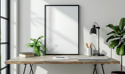 mockup frame in a minimalist, clutter-free office setting. Emphasize neatness and simplicity in the design