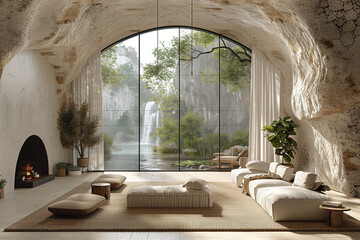 Fototapeta premium Panoramic coastal living room with minimalist decor, featuring a natural stone fireplace and a serene palette of ocean mist and cloud white, in early evening light.