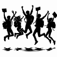 Silhouette of  happy teen students jumping in excitement. School holidays.  Black and white illustration.