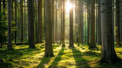 Obraz premium Sunlight streaming through tall pine trees illuminates the vibrant green forest floor in a serene and enchanting woodland scene