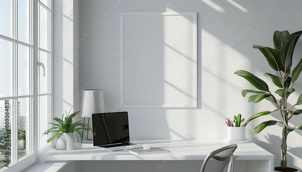 Aufkleber white frame mockup in a serene, well-lit office space. ensure neatness and clean lines for a minimal