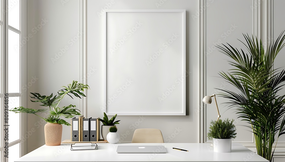 Aufkleber white frame mockup in a serene, well-lit office space. ensure neatness and clean lines for a minimal