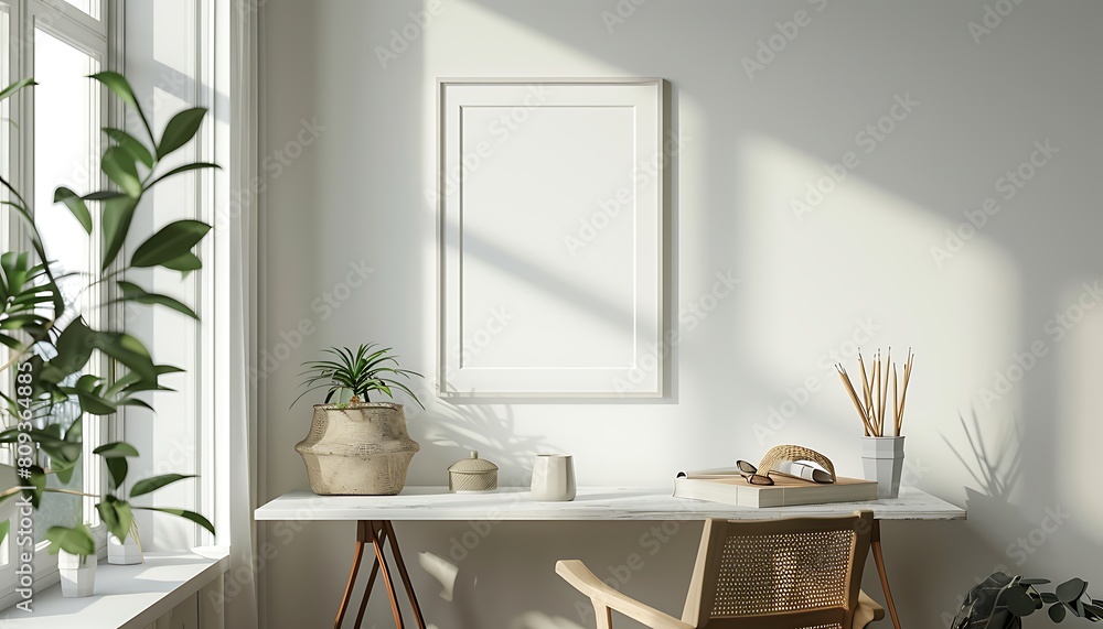 Aufkleber white frame mockup in a serene, well-lit office space. ensure neatness and clean lines for a minimal