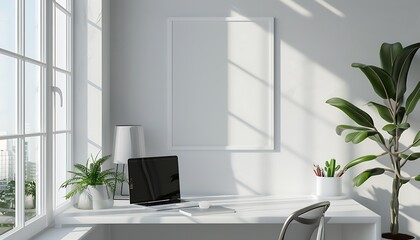 white frame mockup in a serene, well-lit office space. Ensure neatness and clean lines for a minimalist look