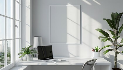 Fototapeta premium white frame mockup in a serene, well-lit office space. Ensure neatness and clean lines for a minimalist look