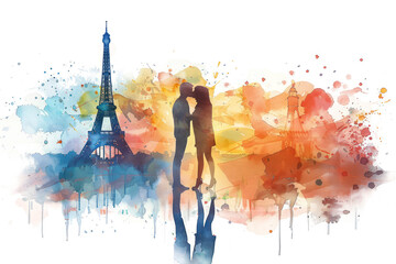 Colorful watercolor paint of couple in love kissing by the eiffel tower