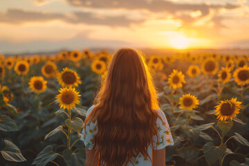 Back view of woman walking through blooming sunflower field at sunset, depicting harmony with nature and peaceful rural atmosphere.