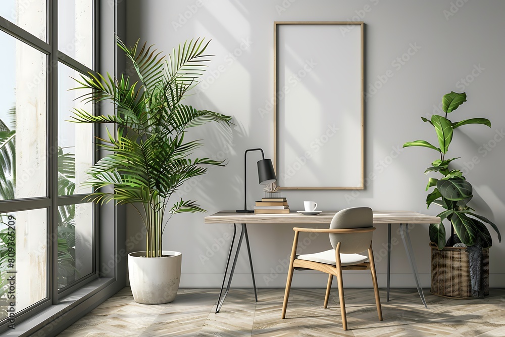 Poster white frame mockup against a cozy, clutter-free office interior. prioritize neatness and simplicity 