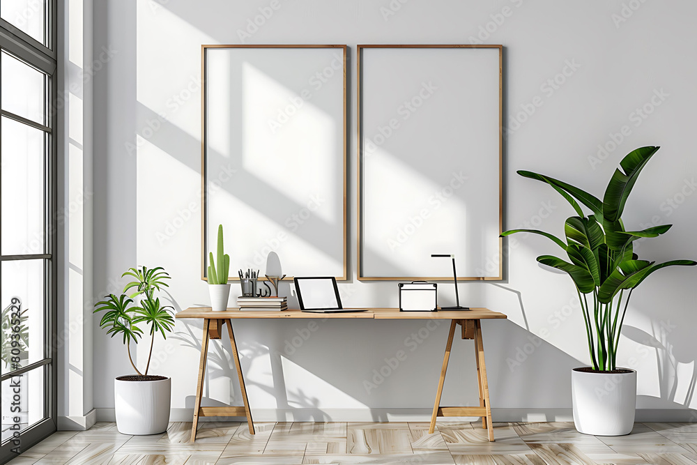 Poster mockup frame in a clean, organized office space. keep the design minimalist with attention to detail
