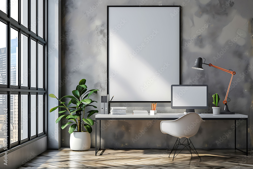 Poster mockup frame in a clean, organized office space. keep the design minimalist with attention to detail