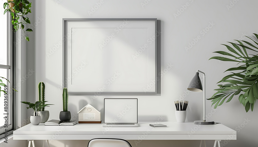 Poster white frame mockup in a simple, elegant office setting. ensure cleanliness and neatness for a polish
