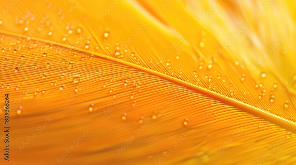 Poster macro photograph of a pigeon feather in yellow color for texture or background