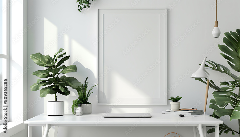 Poster white frame mockup in a simple, elegant office setting. ensure cleanliness and neatness for a polish