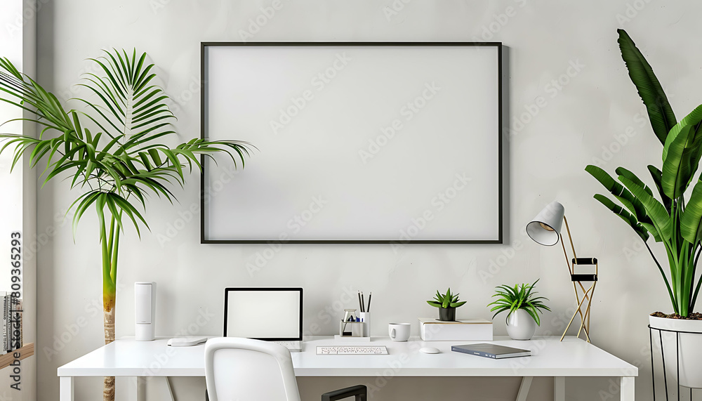 Poster white frame mockup in a simple, elegant office setting. ensure cleanliness and neatness for a polish