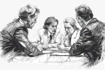 Pencil sketch illustration of group people discussion on business meeting