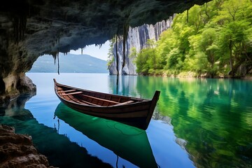 Fisherman boat on the lake in the cave. - Powered by Adobe