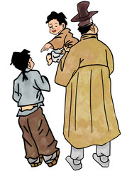 father and children. traditional Korean illustration