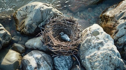 A seabird with a sharp beak, part of the Charadriiformes order, is perched on a rock nest made of natural materials on the bedrock soil landscape AIG50