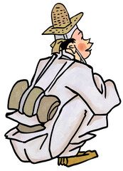 a squatting spectator. traditional Korean illustration