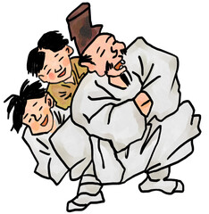 a grandfather who plays with his children. traditional Korean illustration