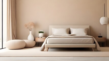 Minimalist interior design of modern bedroom with beige stucco wall.
