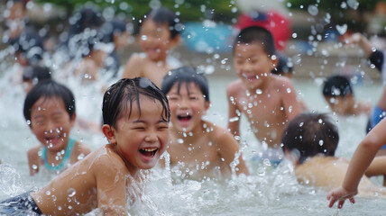 水遊びをする日本の子ども - obrazy, fototapety, plakaty