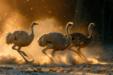 Graceful ostriches racing powerfully through a glowing desert landscape at sunset, embodying speed and elegance in an intense wildlife action scene